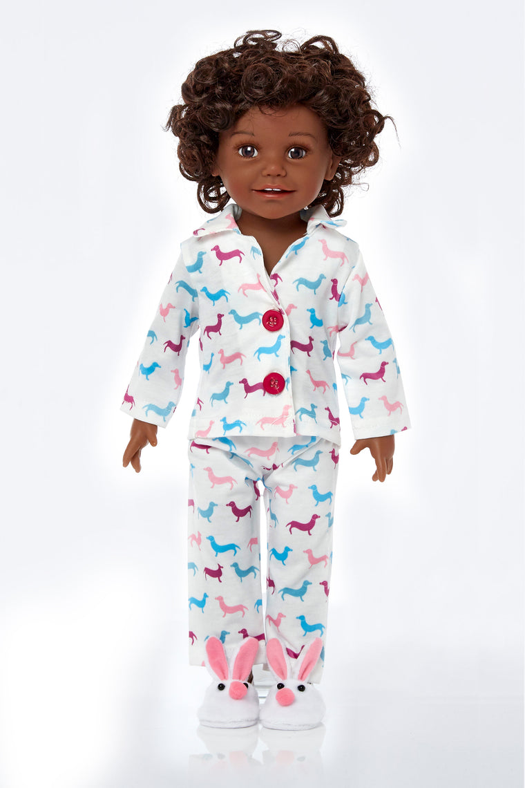 Daschund dog pyjamas with bunny slipper mules