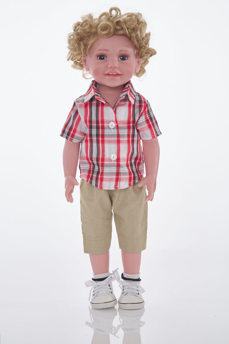 Red checked shirt and beige shorts