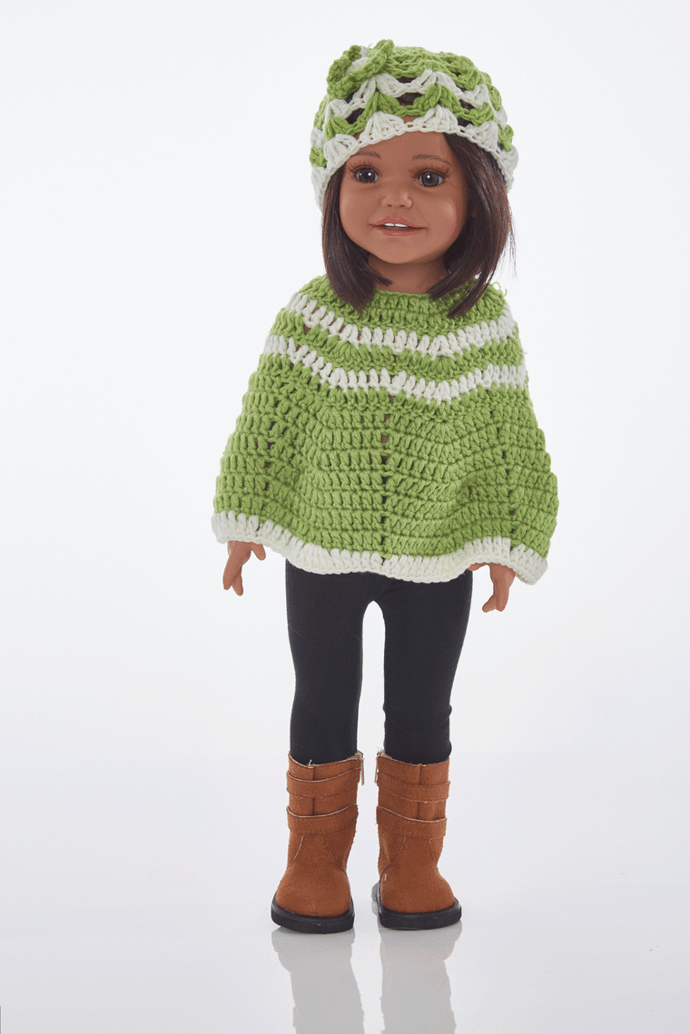 Green knitted Poncho, hat and leggings and boots set