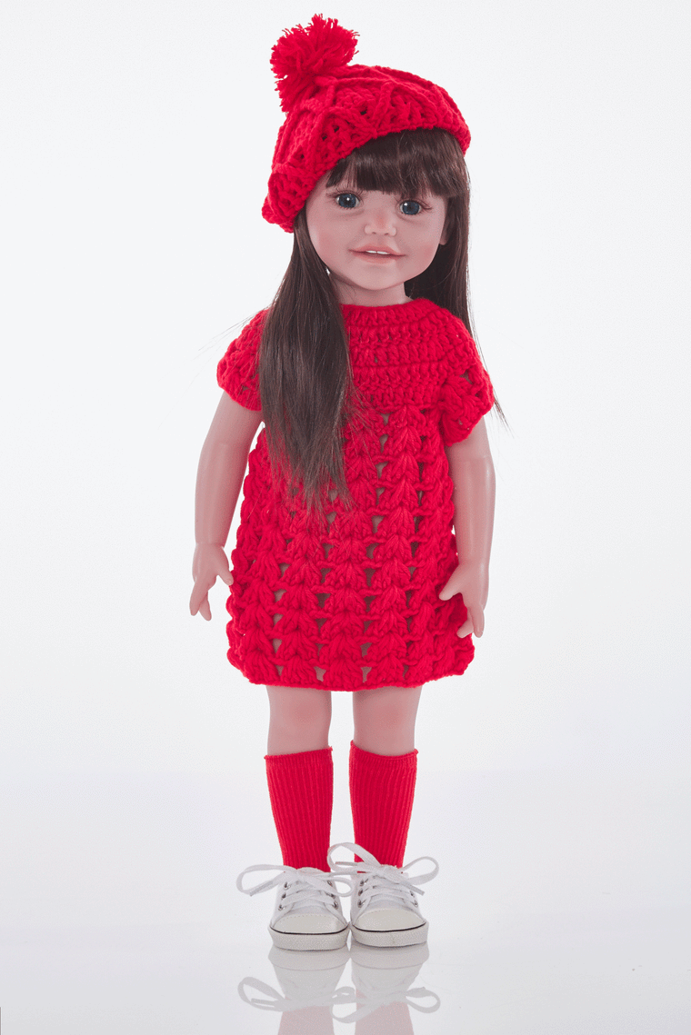 Red Woollen dress, socks,trainers and bobble hat set
